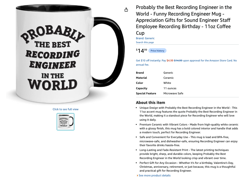 Amazon listing before optimization: a 172-character keyword-stuffed mug title that repeats 'Recording Engineer' four times